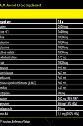 Nutritional information of FA Xtreme Napalm Amino13, highlighting amino acids and minerals per serving.